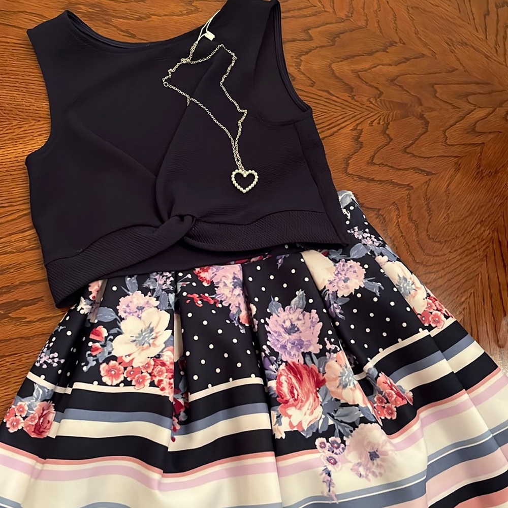 2pc navy flower set with pearl heart necklace